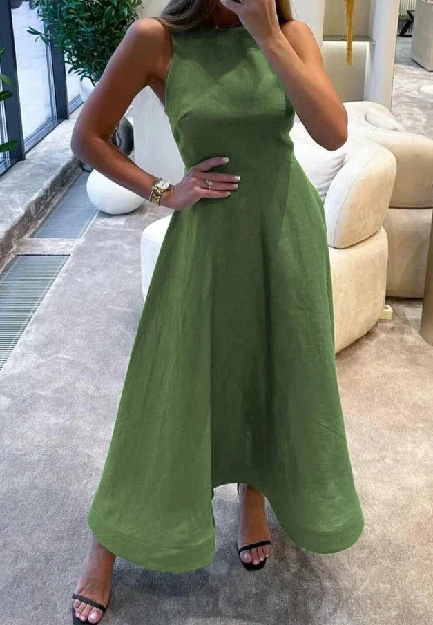 Vestido midi com cintura acentuada e sem mangas Modix