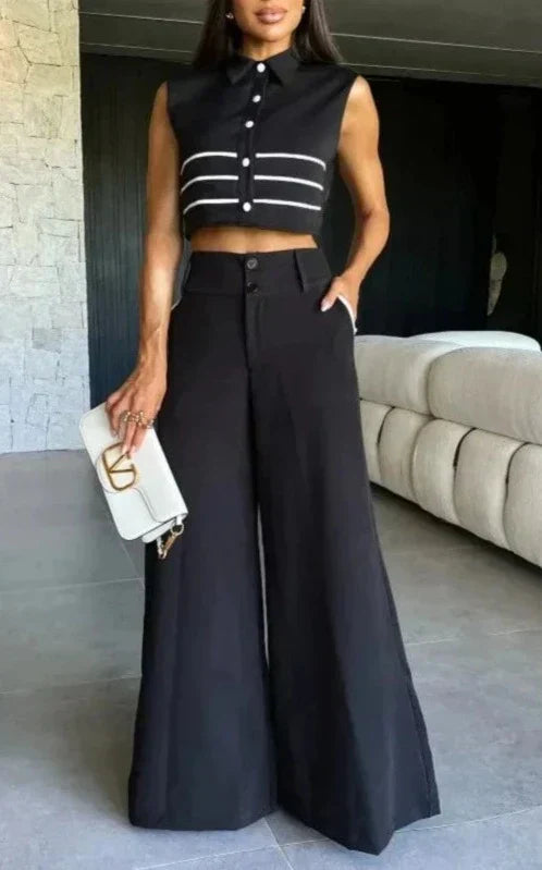 Conjunto calça pantalona e cropped com botões Modix