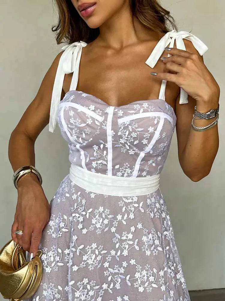 Vestido midi tule alça laço Modix