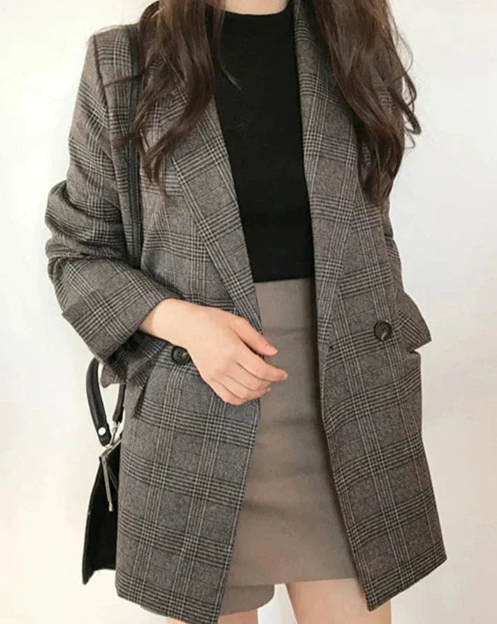 Blazer feminino xadrez oversized com lapela modix