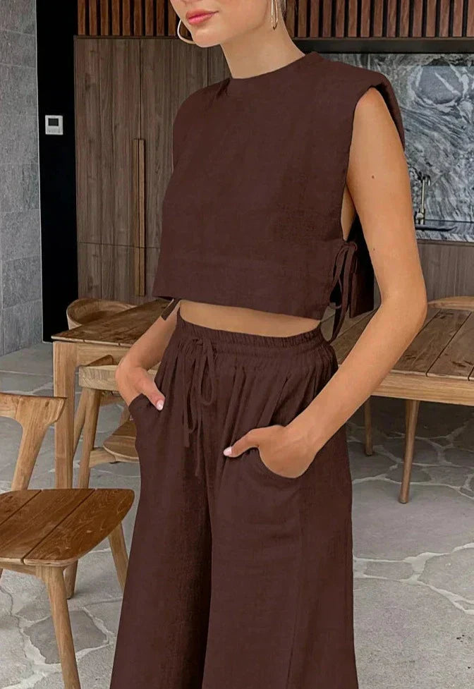 Conjunto calça com bolso e blusa com amarração lateral Modix