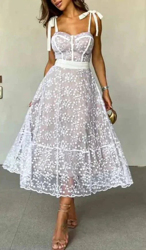 Vestido midi tule alça laço Modix