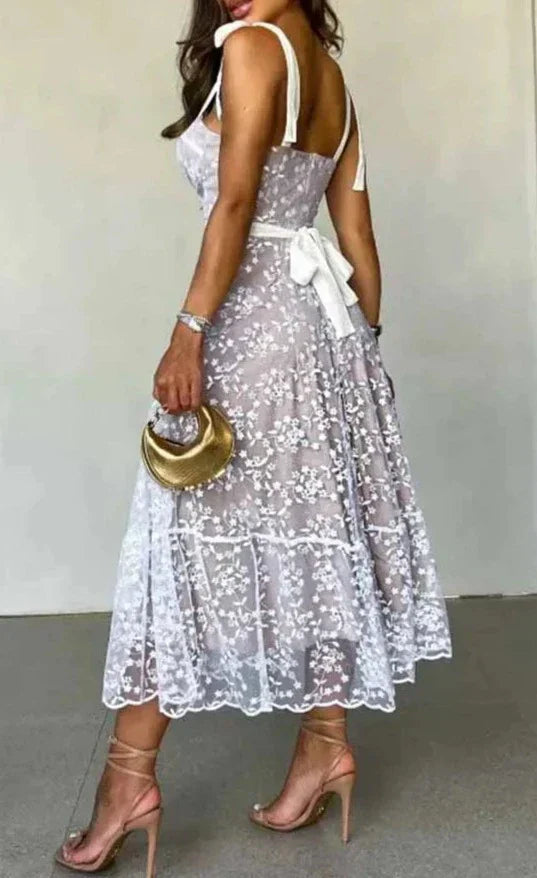 Vestido midi tule alça laço Modix